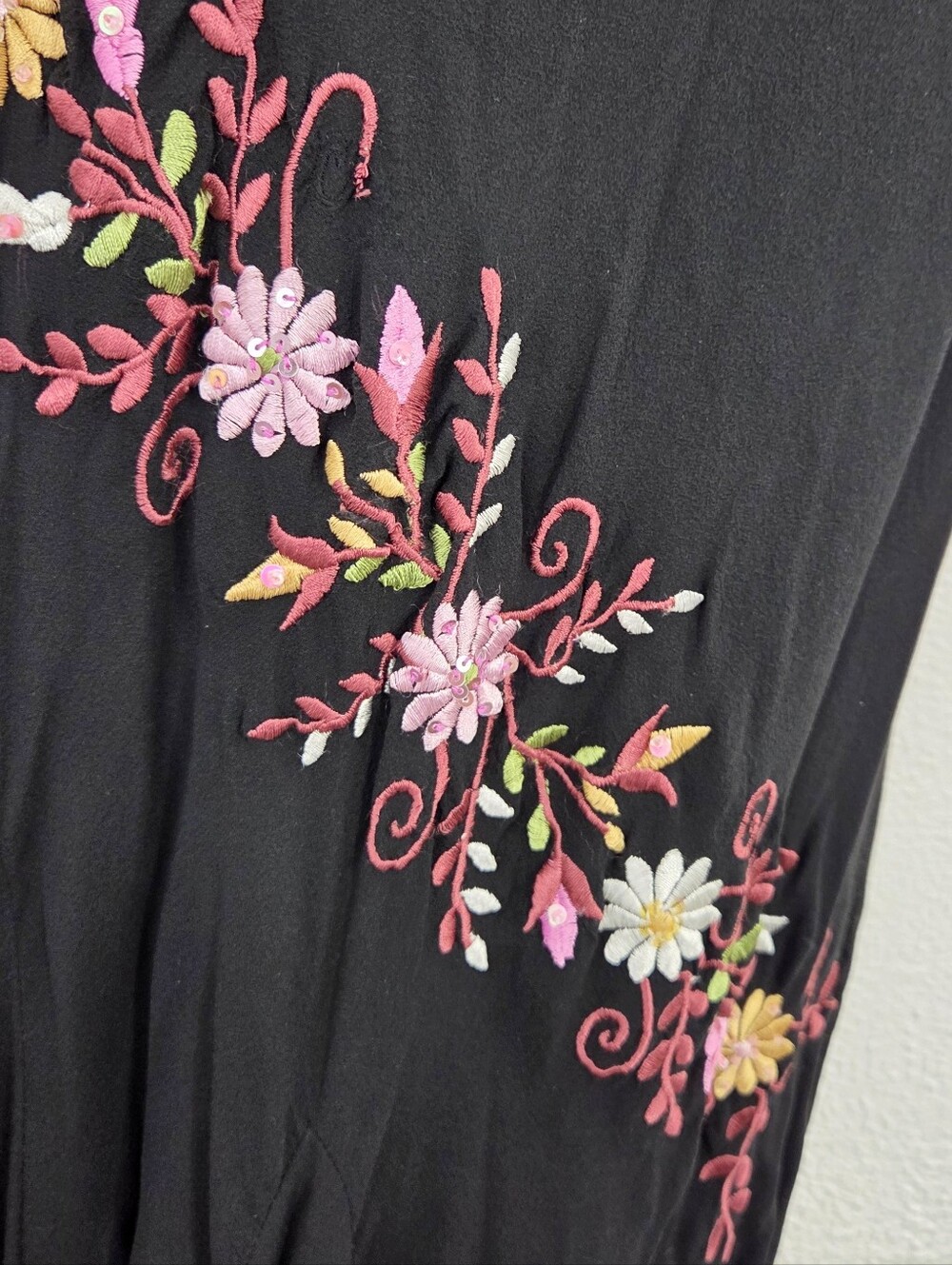 Vintage 90s Betsey Johnson silk slip midi dress black pink floral embroidery 4 - Picture 5 of 8